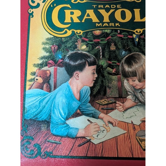 1992 Crayola Tin Box Christmas Scene Children Dog Holiday Decor Collectible - Picture 3 of 11